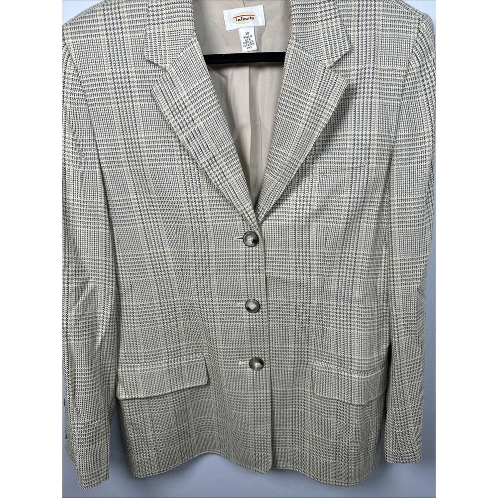 Vintage Talbots Blazer Womens Size 10 Beige Plaid Button Lined Silk Blend USA